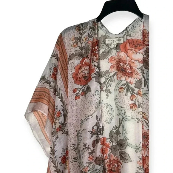 1816. ALCHEMY THREAD FRINGE FLORAL PONCHO LIKE KIMONO ORANGE/CREAM‎ ONE SIZE - Picture 2 of 9